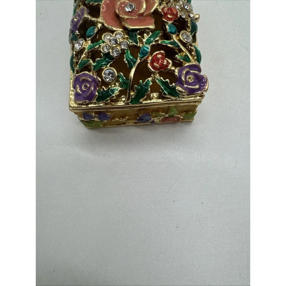 Metal & Enamel Trinket Box, Hinged with Magnetic Closure Floral Rhinestones